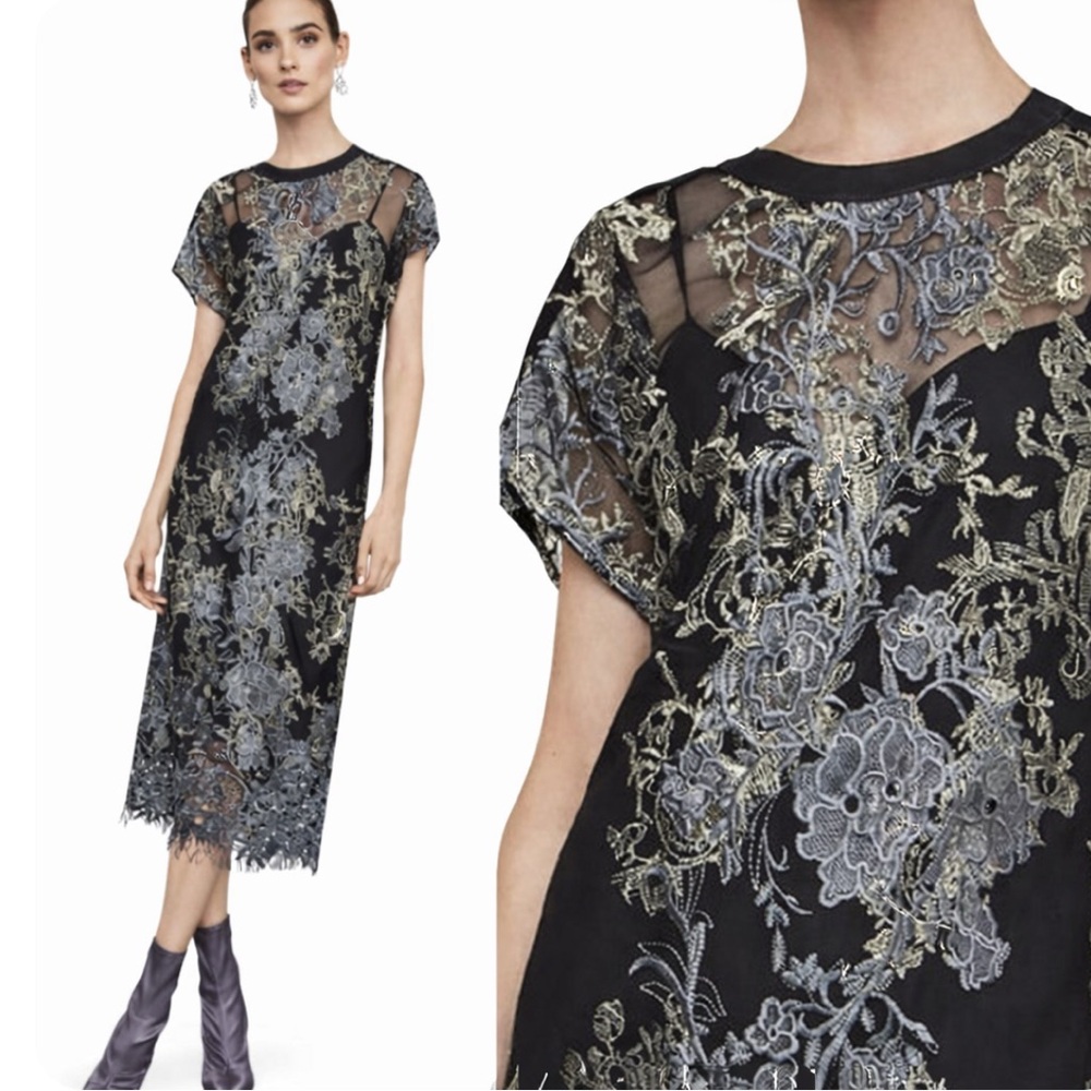 BCBG, NWT Max Azria Metallic Lace Midi Dress Bluestone Combo,  Size 8